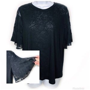 Marc NY Short Flutter Leaf Print Sleeve Linen-Like Blouse Top Black Small NWT